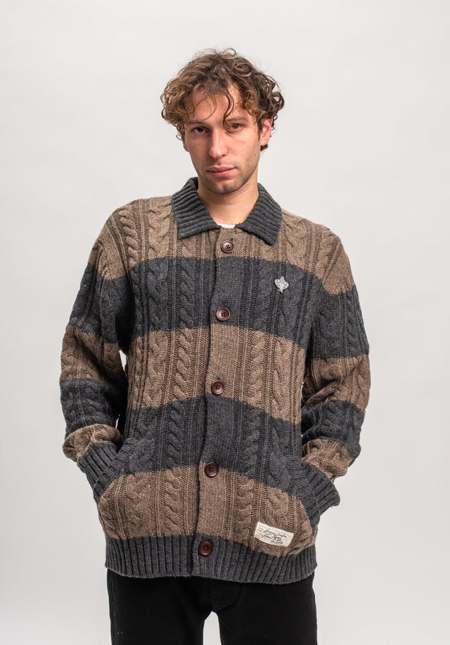 Chefs Kiss Cardigan camel-charcoalheather-stripe Vorderansicht